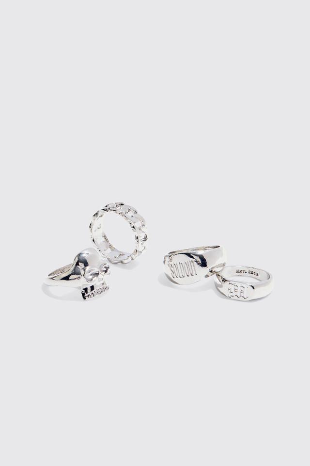 4 Pack Rings In Silver | boohooMAN USA Product Image