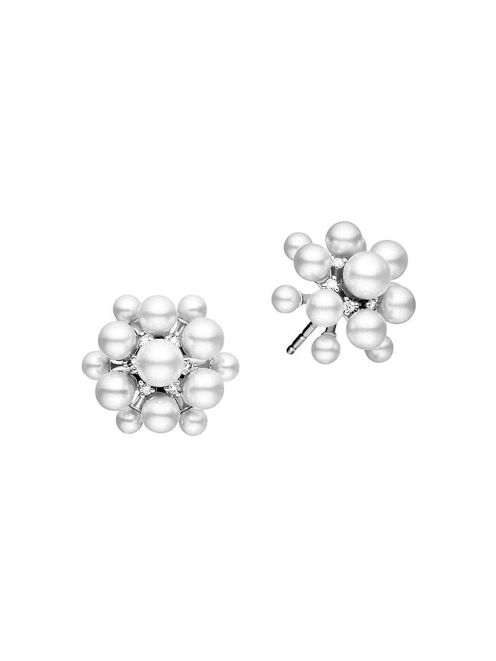 Womens Sequence Cluster 18K White Gold, Akoya Pearl & 0.15 TCW Diamond Stud Earrings Product Image