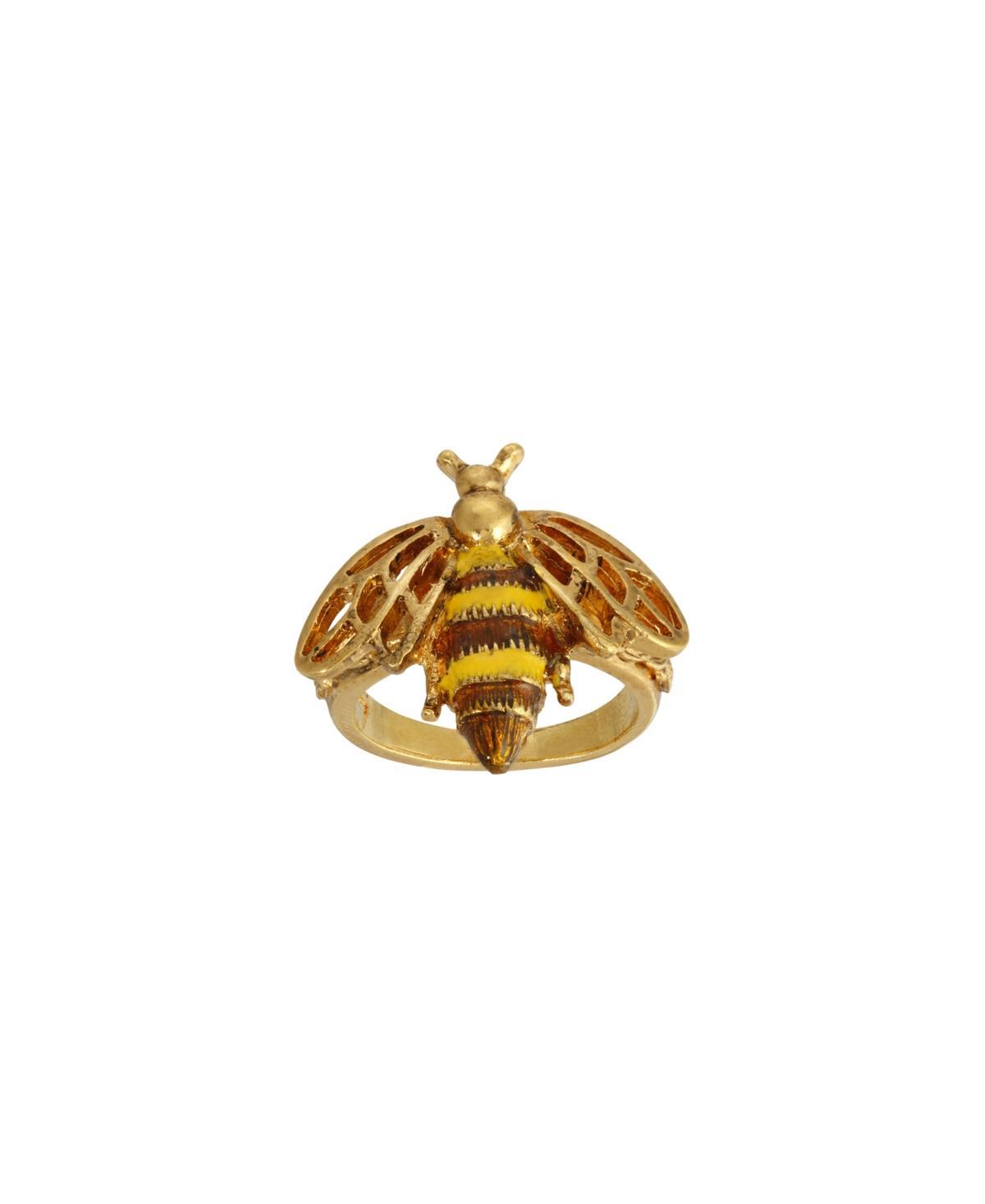 1928 Gold Tone Yellow & Brown Enamel Bee Ring - Size 7, Womens Product Image