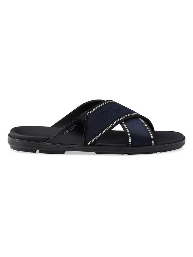 Mens Brushed Leather and Re-Nylon Tape Crisscross Slides Product Image