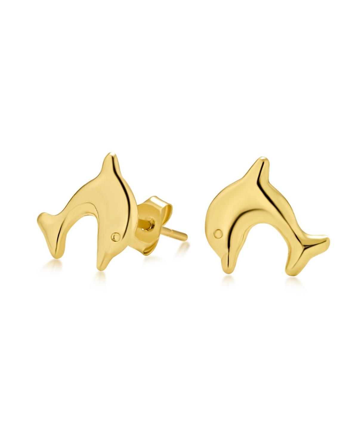 Bling Jewelry Petite Tiny Nautical Vacation Dolphin Real Yellow 14K Gold Stud Earrings For Women Secure Push Back Product Image