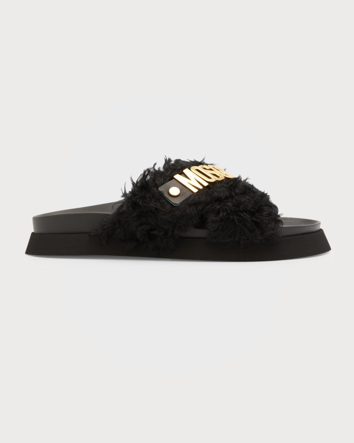 Mens Faux Fur Logo Leather Slides Product Image