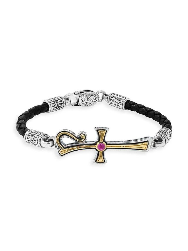 Womens Sterling Silver, 18K Yellow Gold, Leather & Corundum Cross Bracelet Product Image