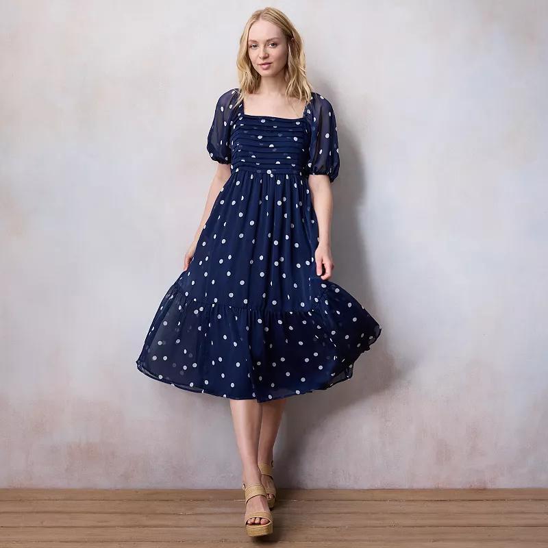 Womens LC Lauren Conrad Pleated Bodice Squareneck Midi Dress Blue Randy Dots Product Image