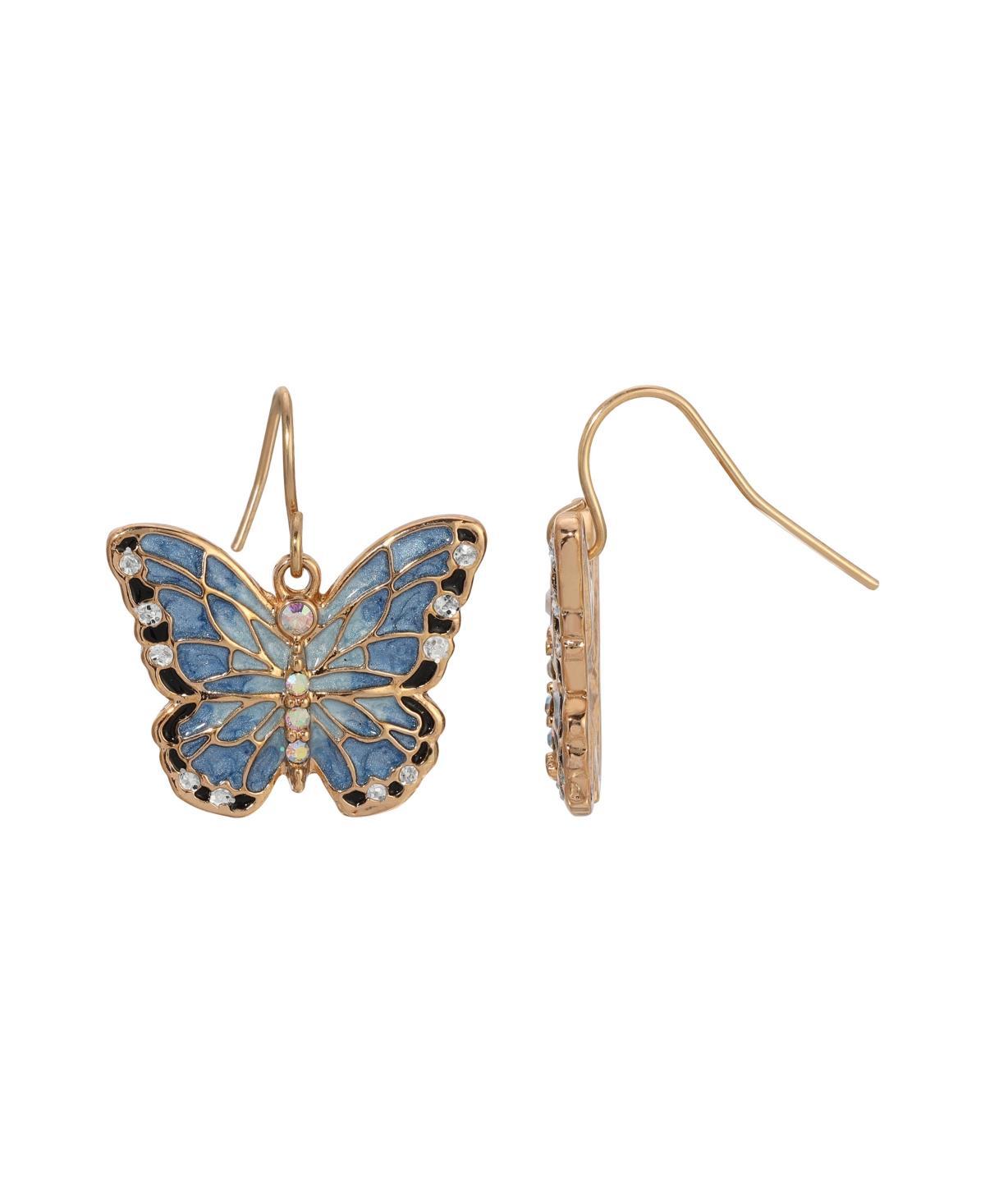 1928 Gold Tone Blue Enamel and Simulated Crystal Butterfly Drop Earrings, Women's - Size: One Size Product Image