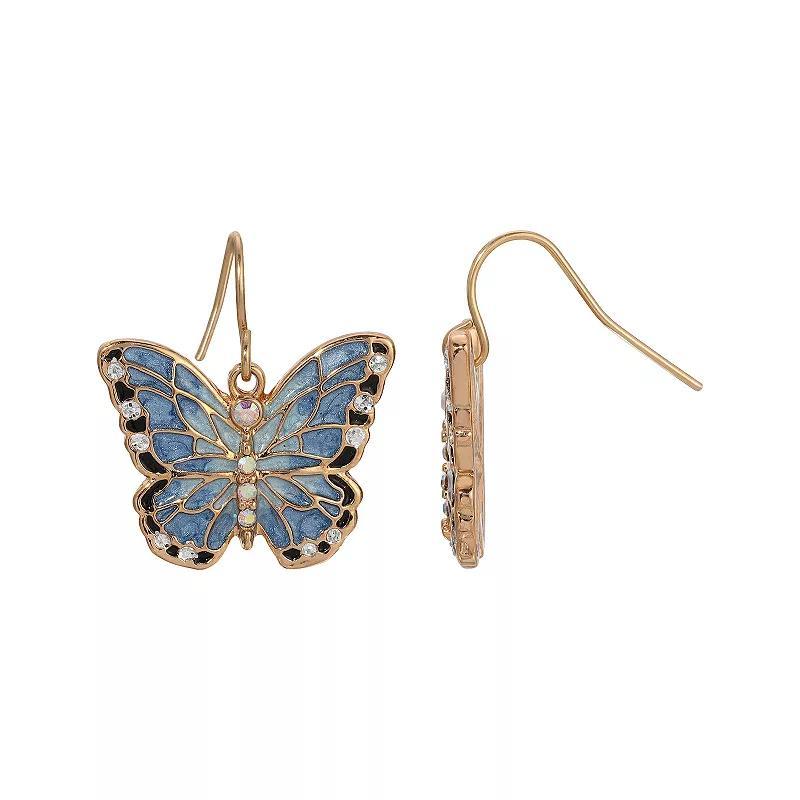 1928 Gold Tone Blue Enamel and Simulated Crystal Butterfly Drop Earrings, Women's - Size: One Size Product Image