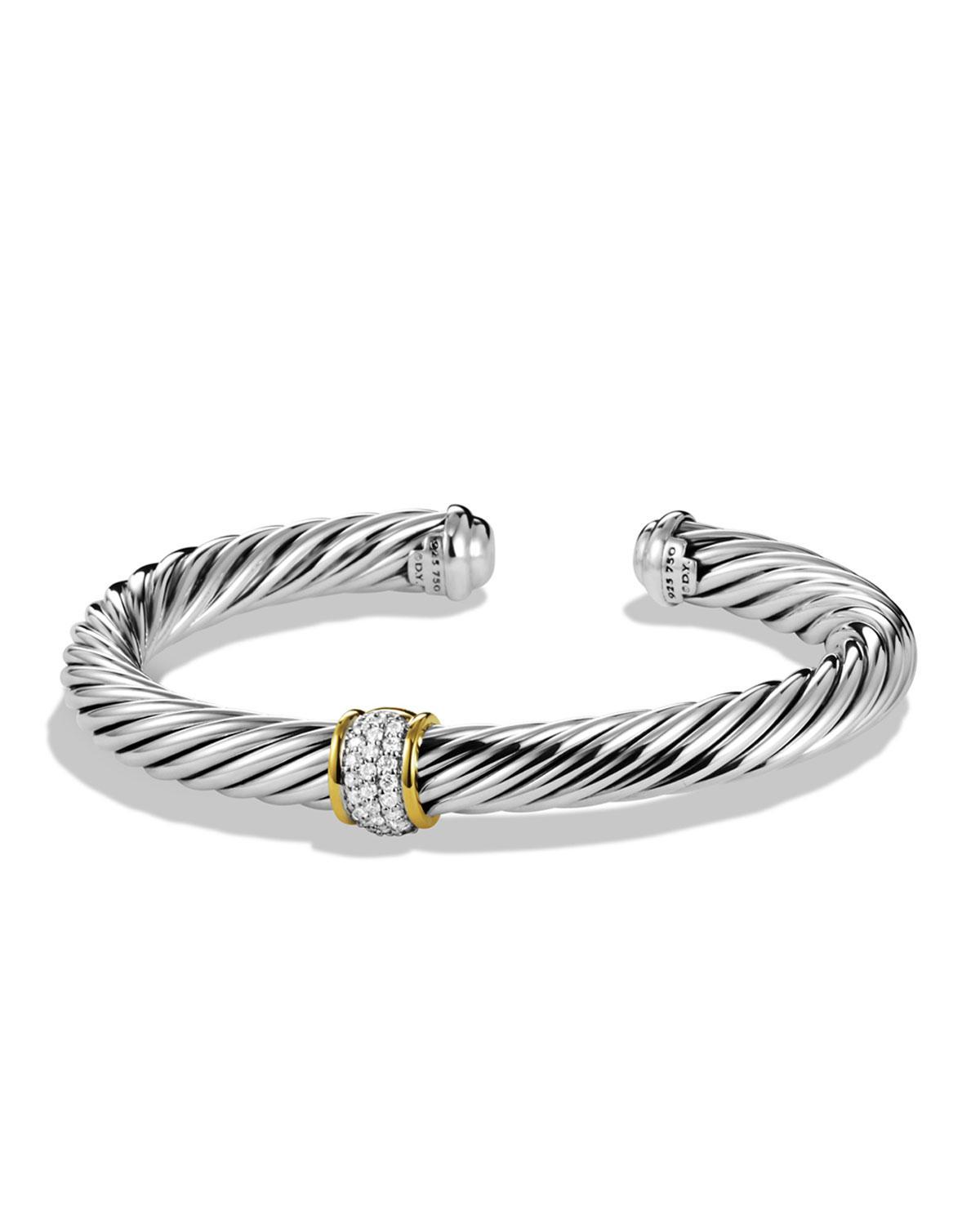 Womens Cable Classics Bracelet with Pav Diamond Station and 18K Yellow Gold Product Image