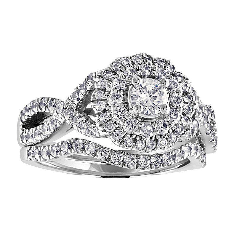 14k White Gold 1 Carat T.W. Diamond Double Halo Engagement Ring Set, Womens Product Image