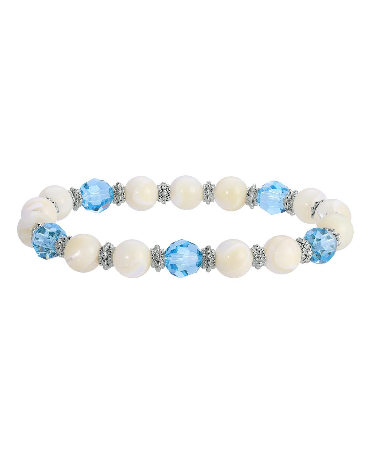 1928 Silver Tone Simulated Mother Of Pearl With Aqua Stone Stretch Bracelet, Womens, White Product Image