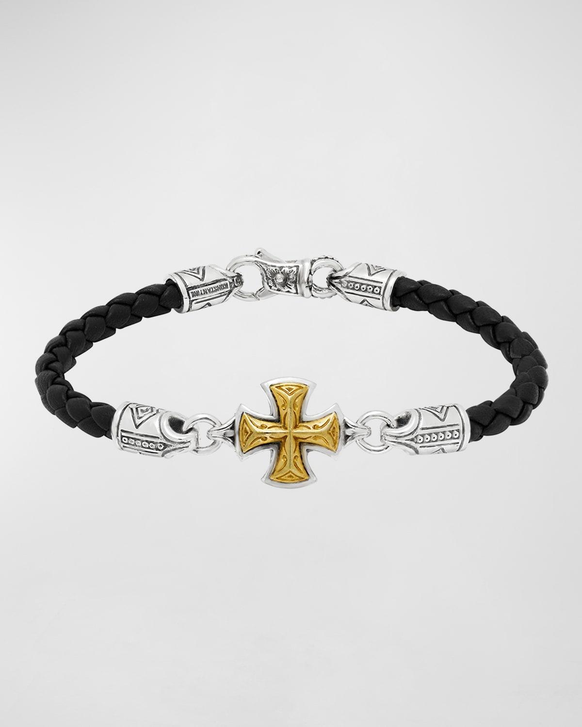 Womens Perseus Sterling Silver & Bronze Woven Leather Cross Bracelet Product Image