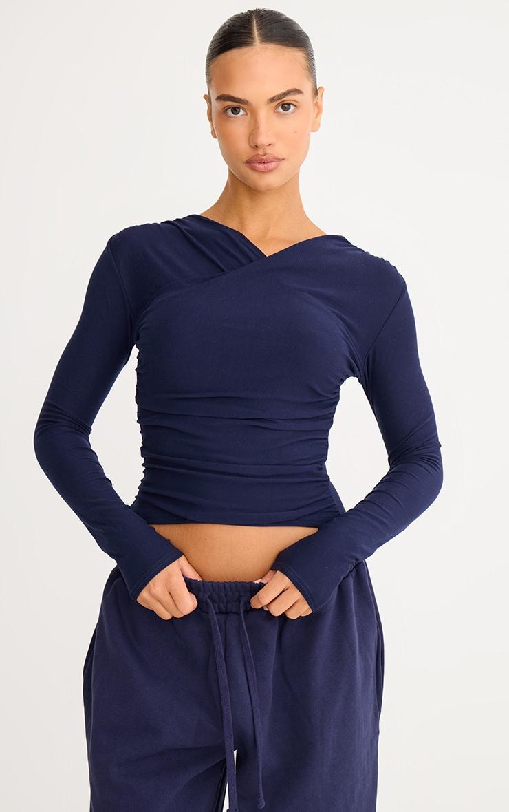 Navy Soft Touch Ruched Long Sleeve Longline Top Product Image