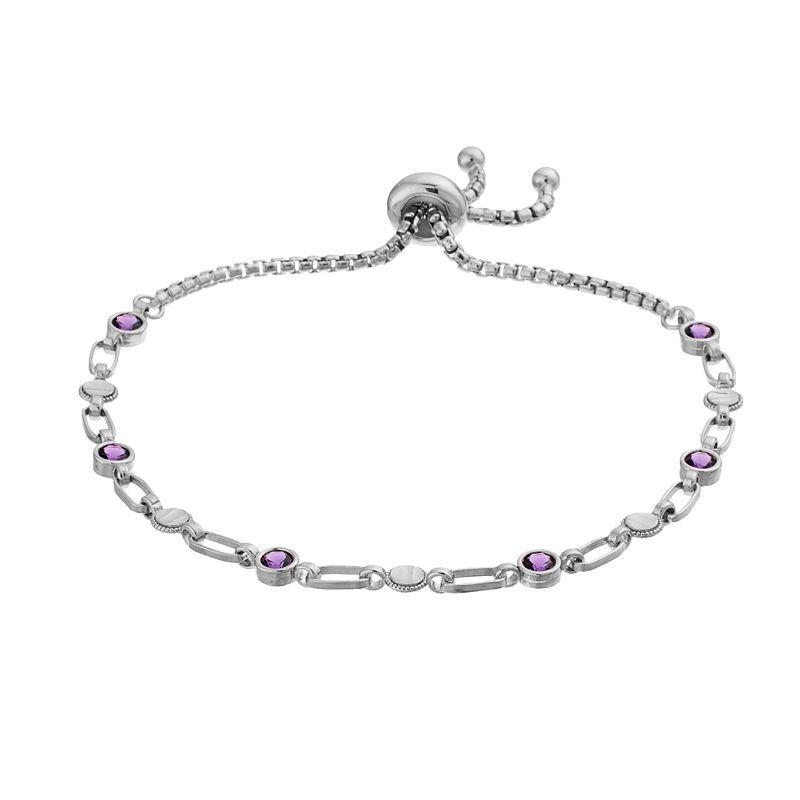 Kristen Kesho Sterling Silver Lab-Created Amethyst & Round Link Adjustable Bolo Bracelet, Womens Product Image