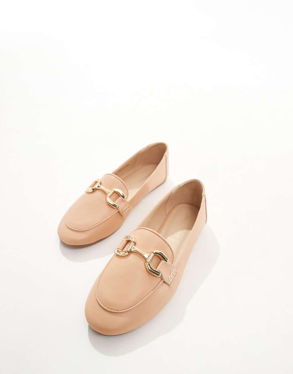 London Rebel wide fit snaffle trim pointed flat shoes in camel Product Image