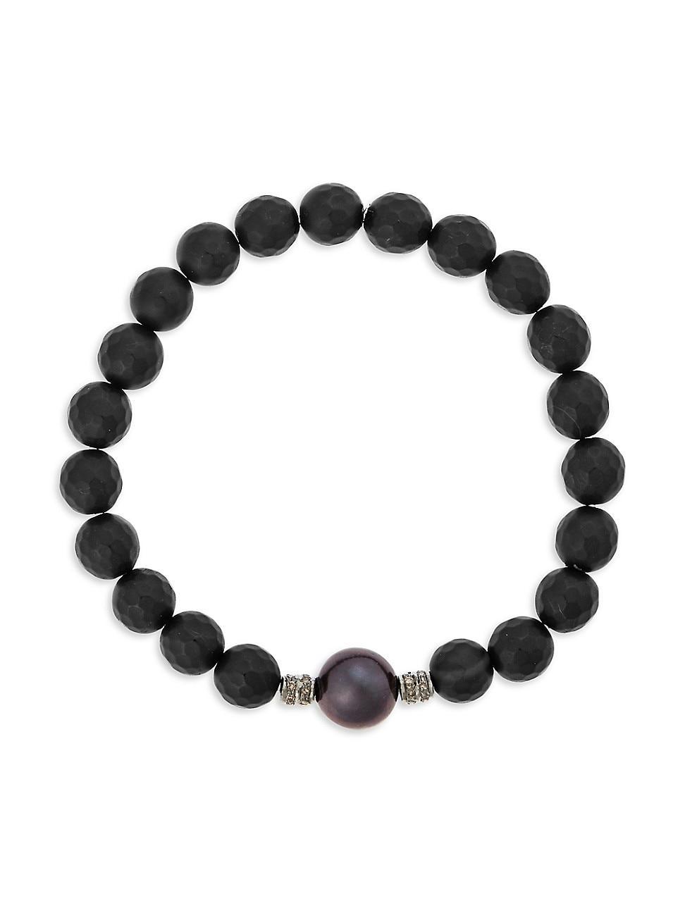 Womens Globetrotter Sterling Silver, Diamond, Pearl & Black Onyx Beaded Stretch Bracelet Product Image