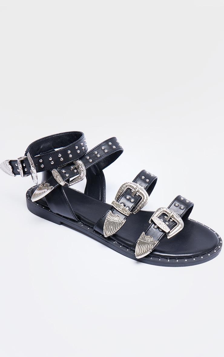 Black PU Round Toe Studded Buckle Detail Gladiator Sandals Product Image