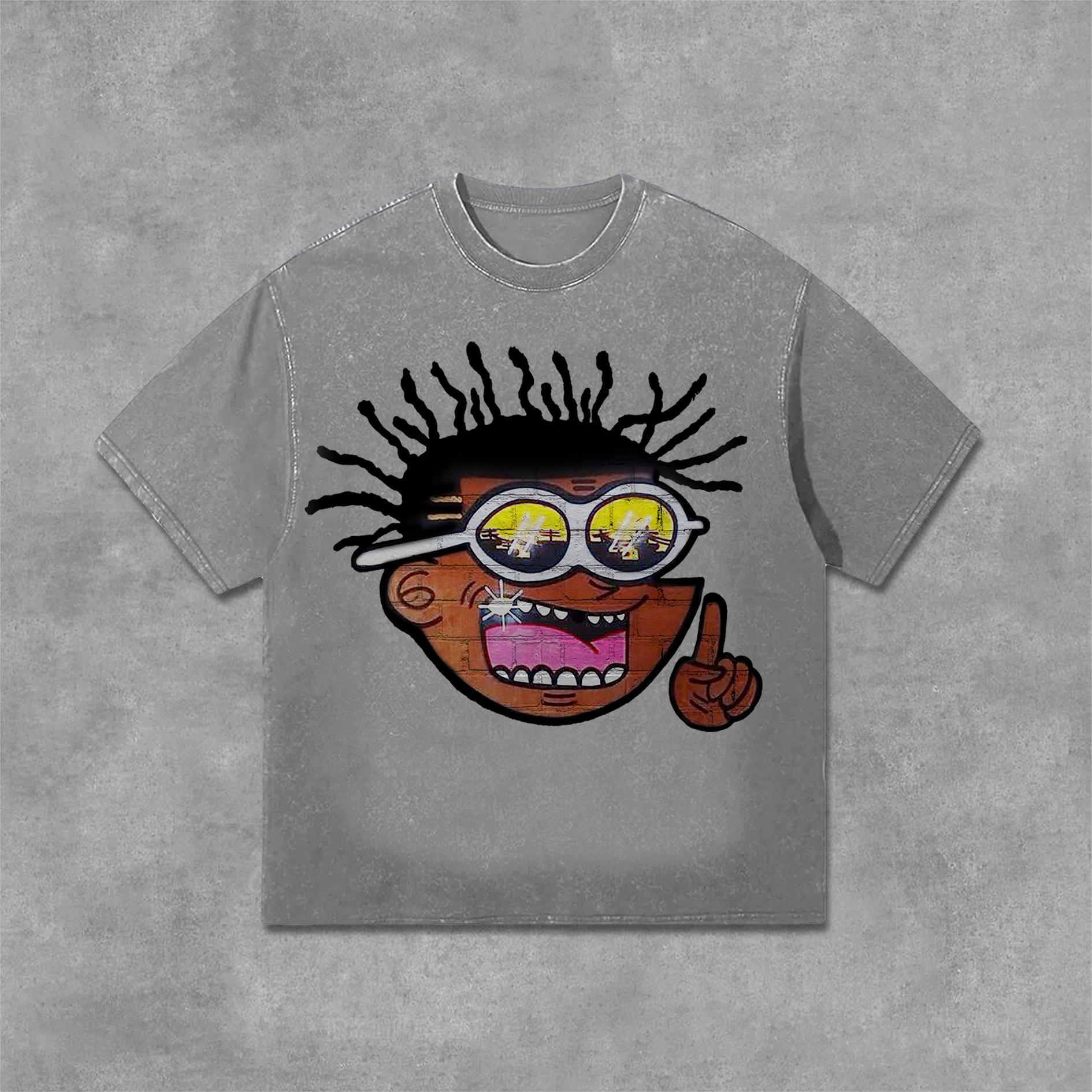 Vintage Cartoon Portrait Graphic Print Acid Washed T-Shirt Product Image