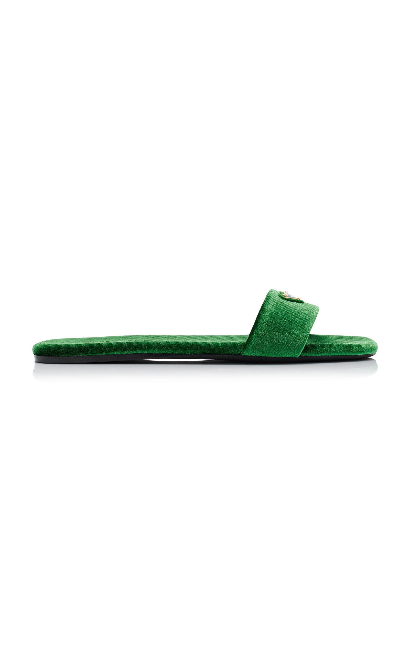 PRADA Logo Velvet Slide Sandal In Green Product Image