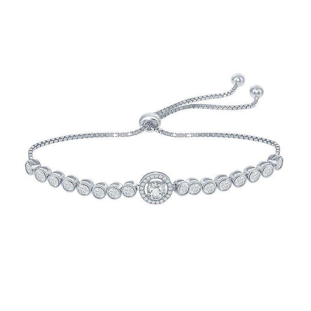 Sterling Silver Round Halo Cubic Zirconia Bolo Bracelet, Womens Product Image