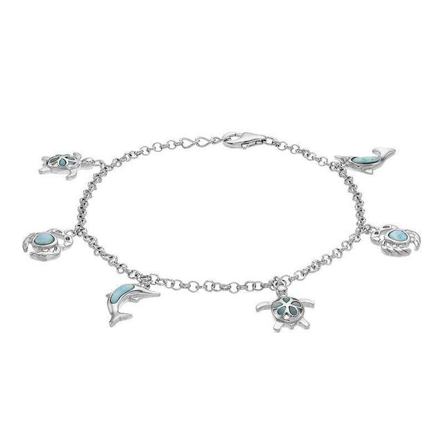 Sterling Silver Larimar Turtle, Dolphin & Crab Charm Bracelet, Womens Product Image