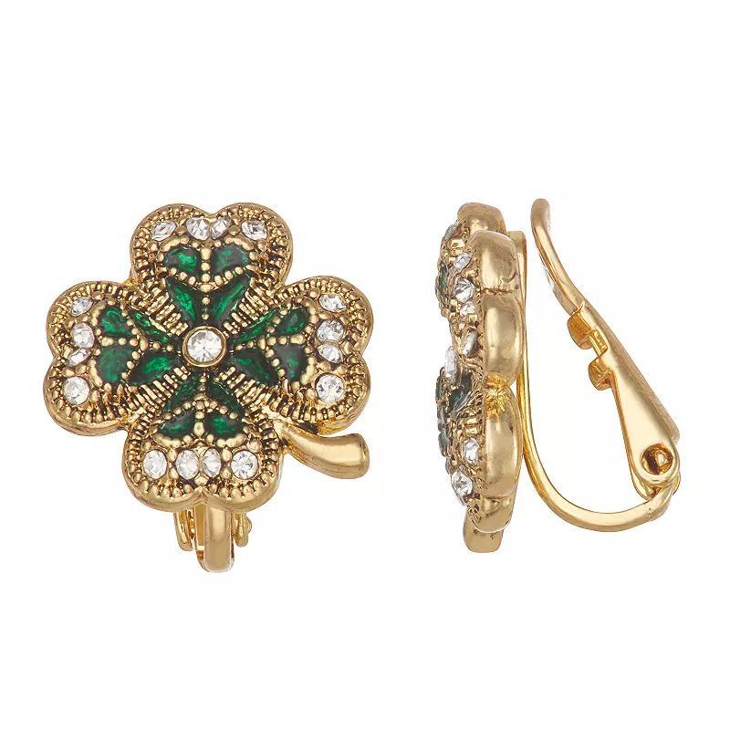 Napier Gold Tone Lucky Four Leaf Clover Stud Clip-On Earrings, Womens, Green Product Image