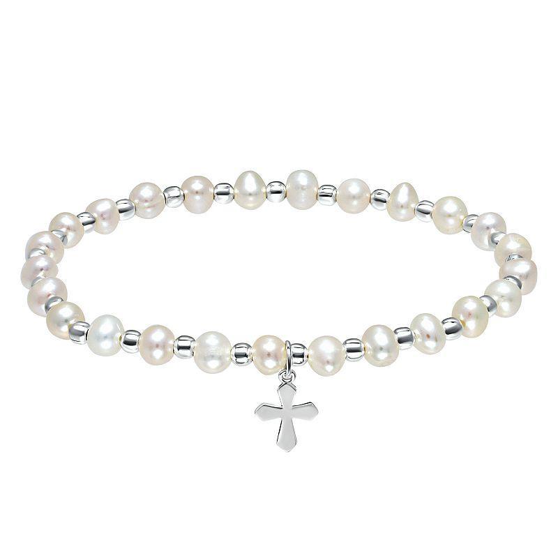 Aleure Precioso Sterling Silver Bead & Freshwater Cultured Pearl Cross Charm Stretch Bracelet, Womens Product Image