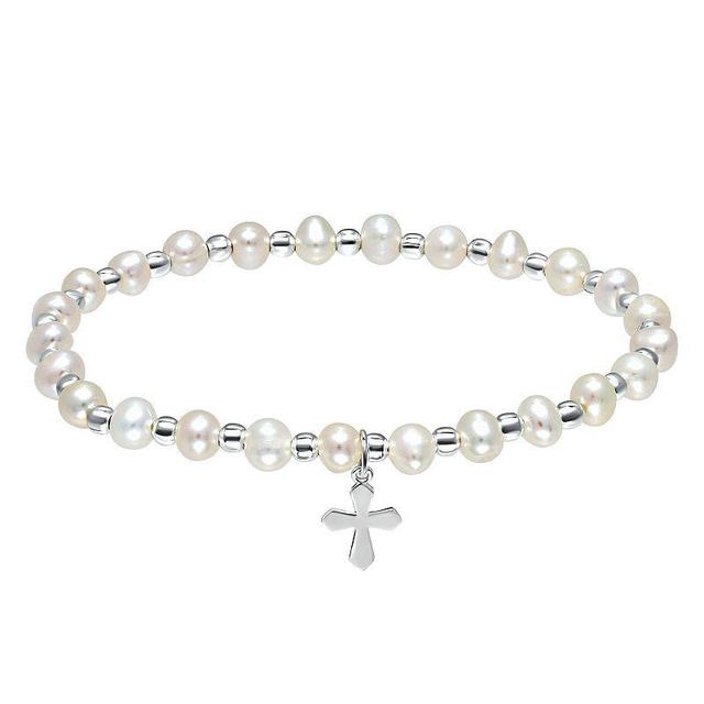 Aleure Precioso Sterling Silver Bead & Freshwater Cultured Pearl Cross Charm Stretch Bracelet, Womens Silver Tone Product Image