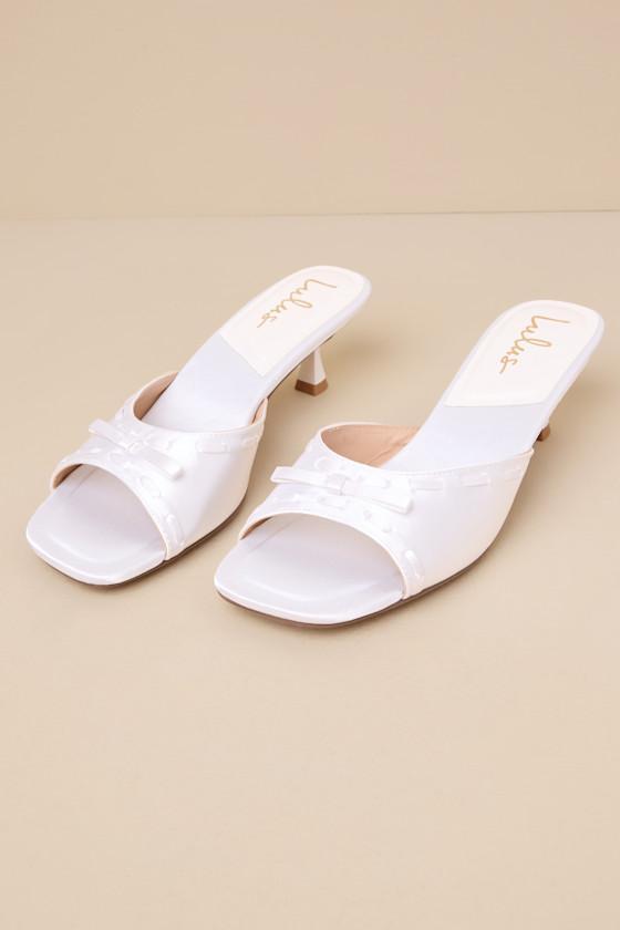 Gennie White Satin Bow Kitten Heel Slide Sandals Product Image