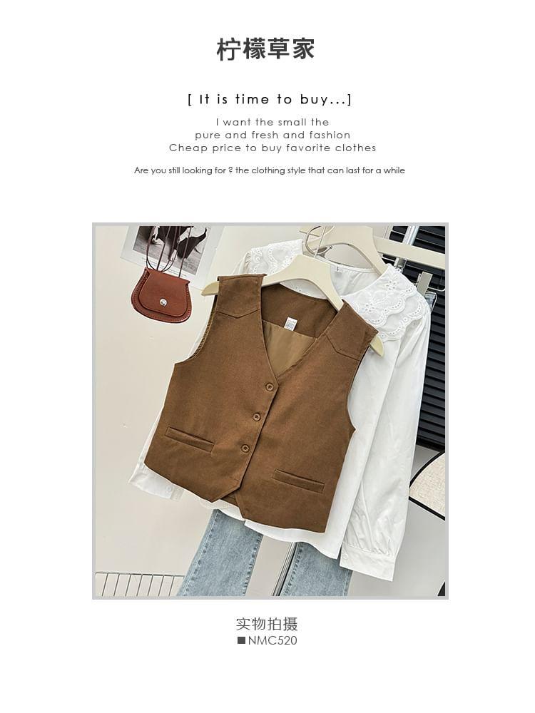 Button-Up V-Neck Vest Jacket Product Image