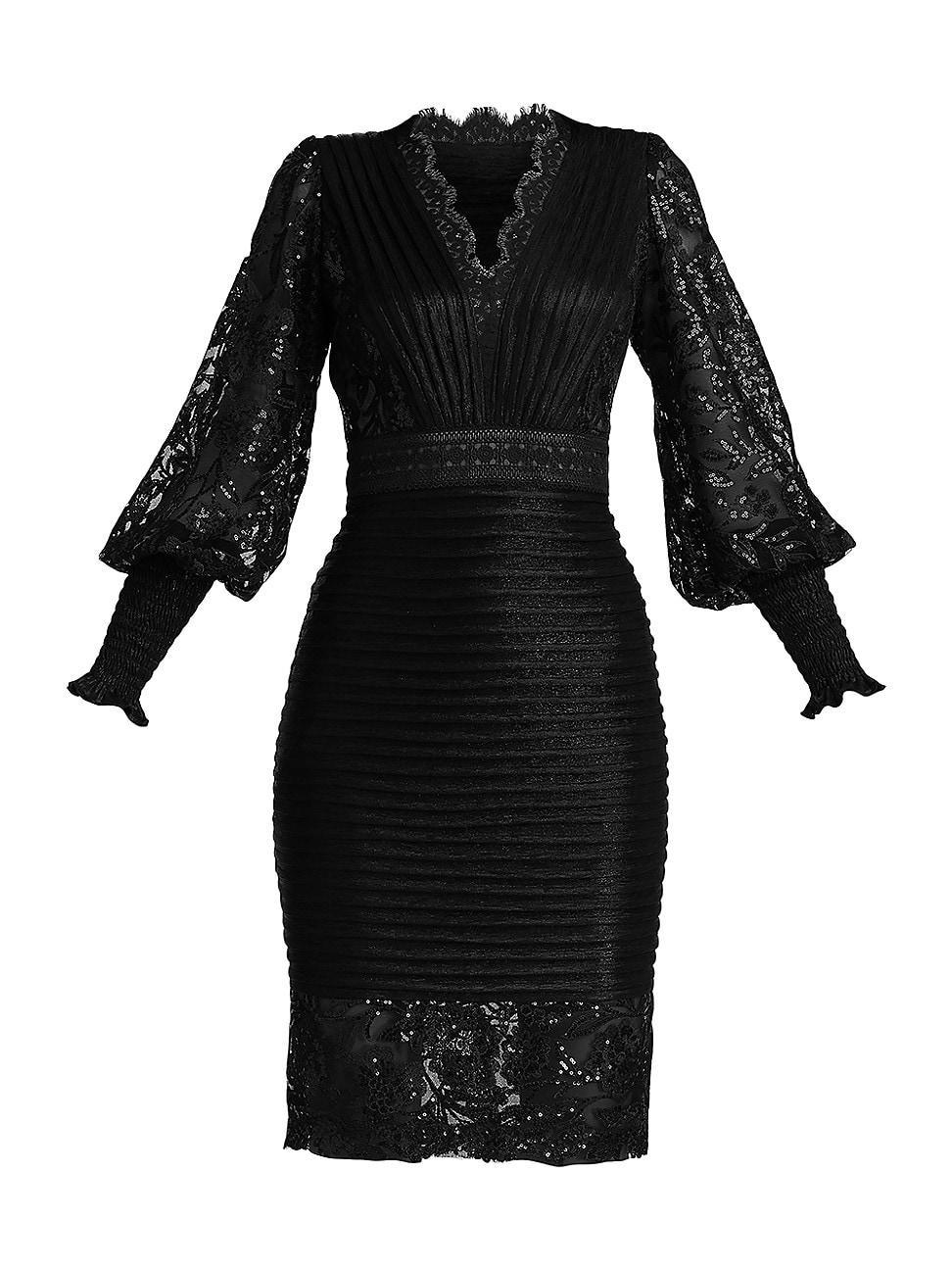 Tadashi Shoji Pleated Sequin Lace Long Sleeve Chiffon Dress Product Image