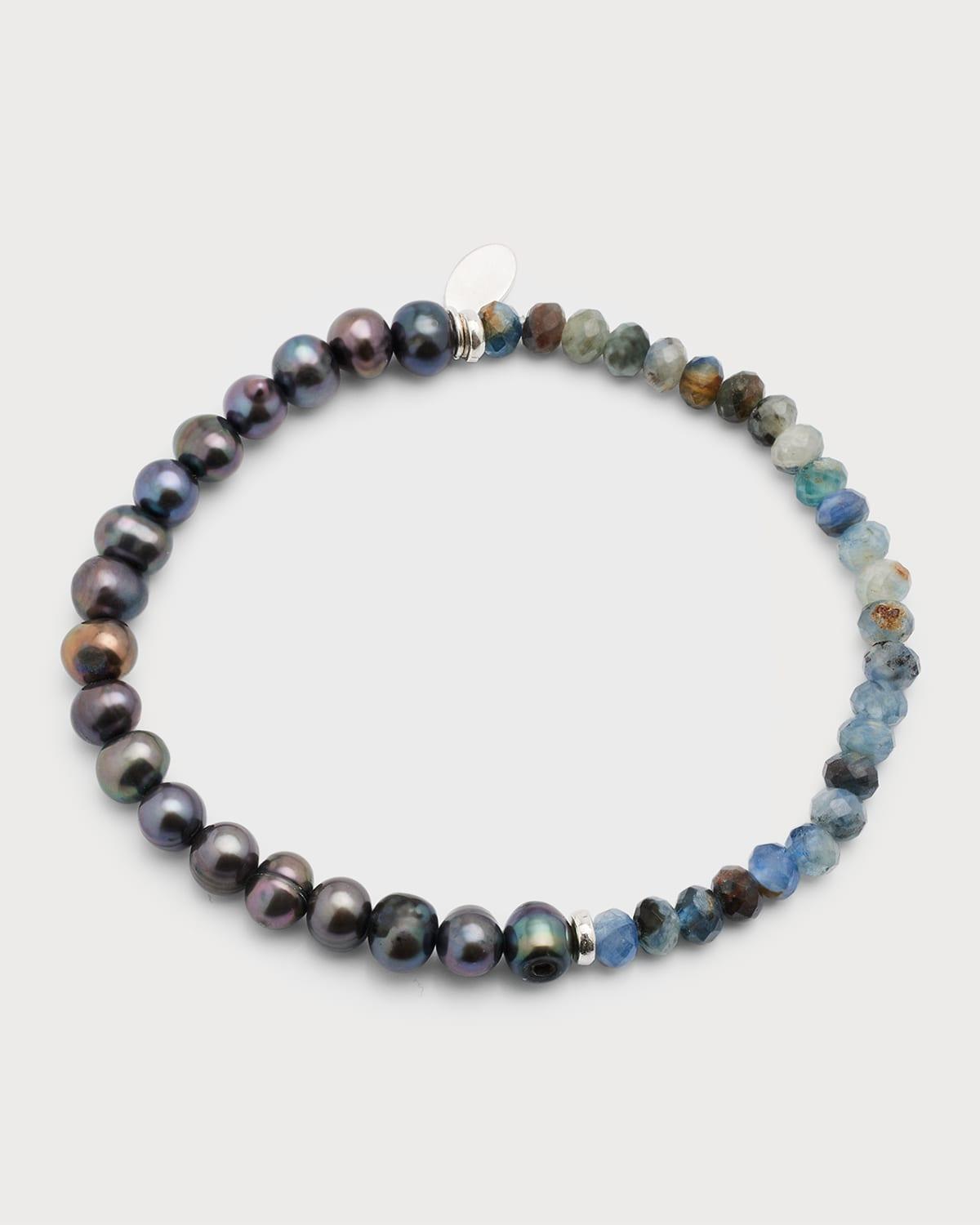 Mens Grey Freshwater Pearl and Gemstone Split Beaded Bracelet Product Image