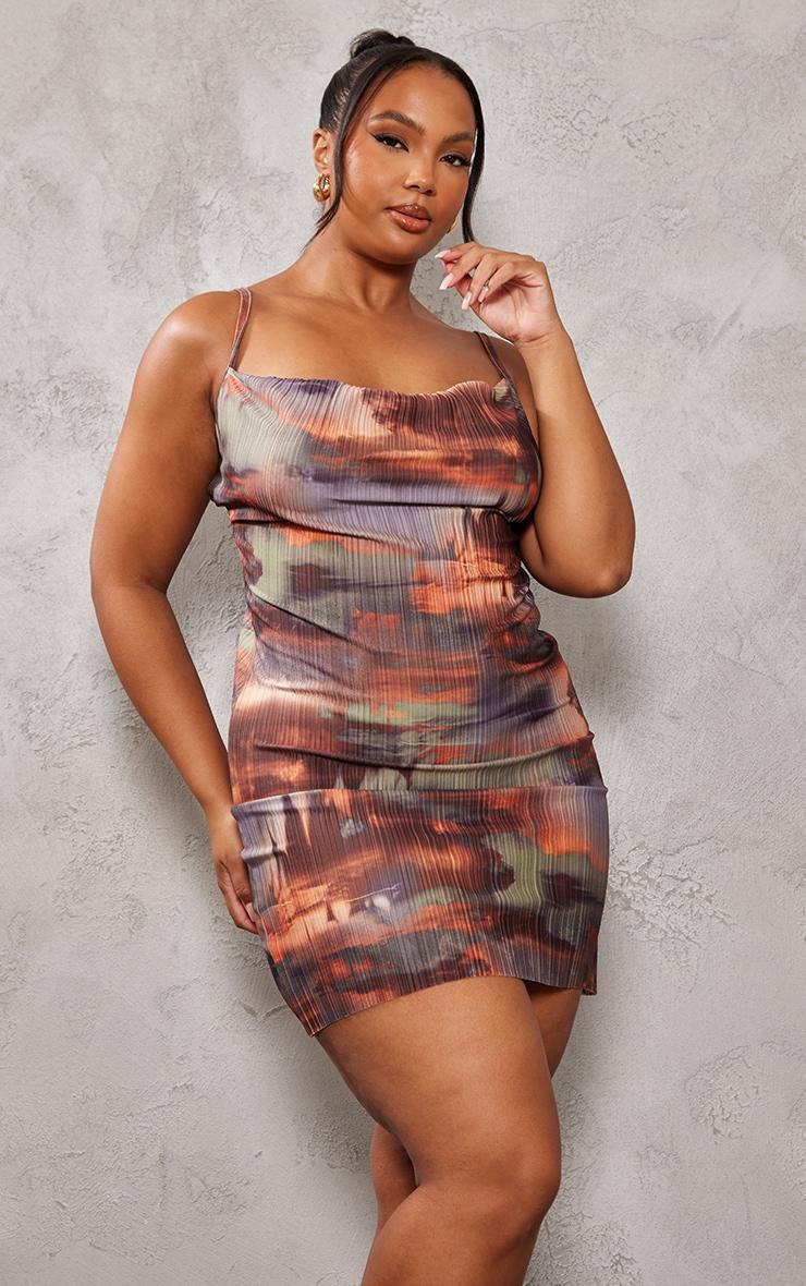 Plus Brown Grunge Printed Plisse Cowl Neck Bodycon Dress Product Image