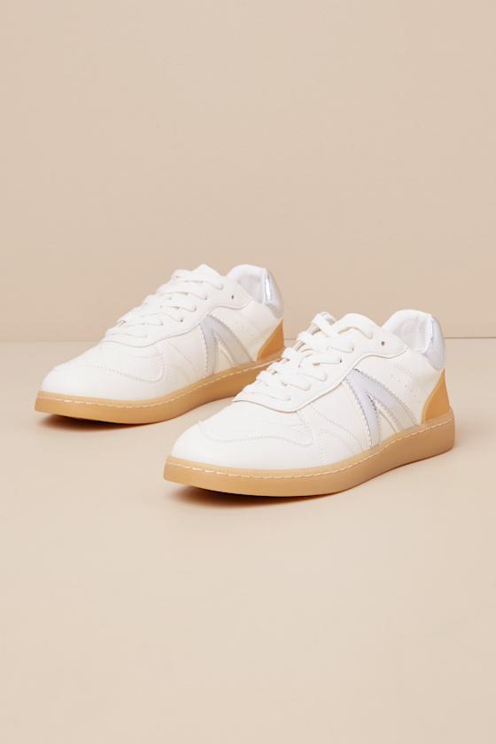 Vesta White and Silver Color Block Lace-Up Sneakers Product Image