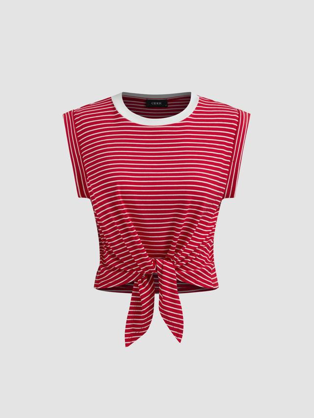 Round Neckline Striped Knotted Tank Top Product Image