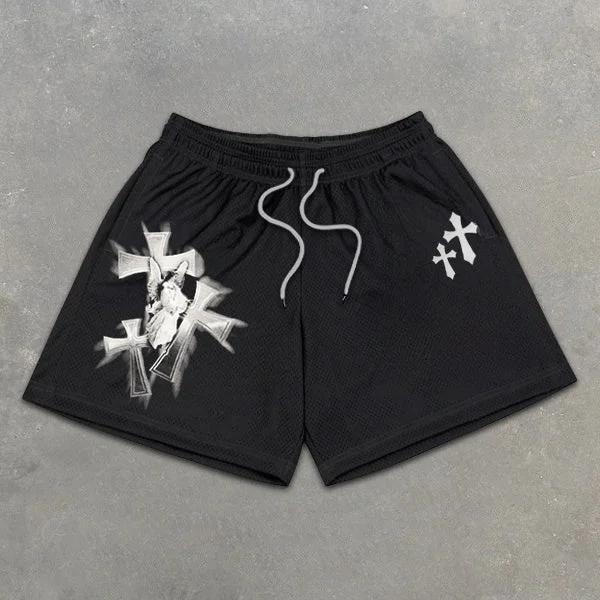 Black Trend Cross Belief Print Mesh Shorts Product Image