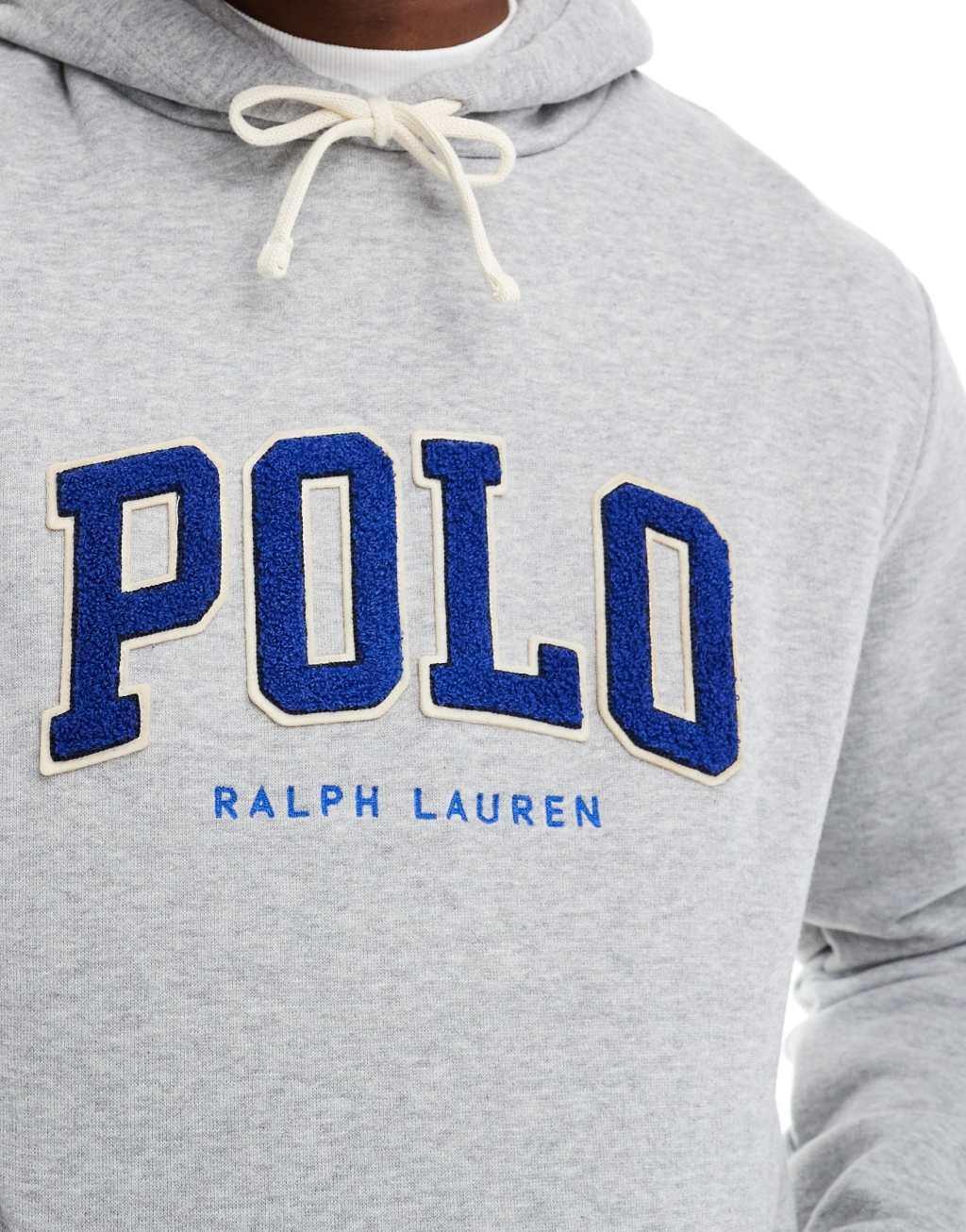 Polo Ralph Lauren chenille applique logo fleece hoodie in heather gray Product Image