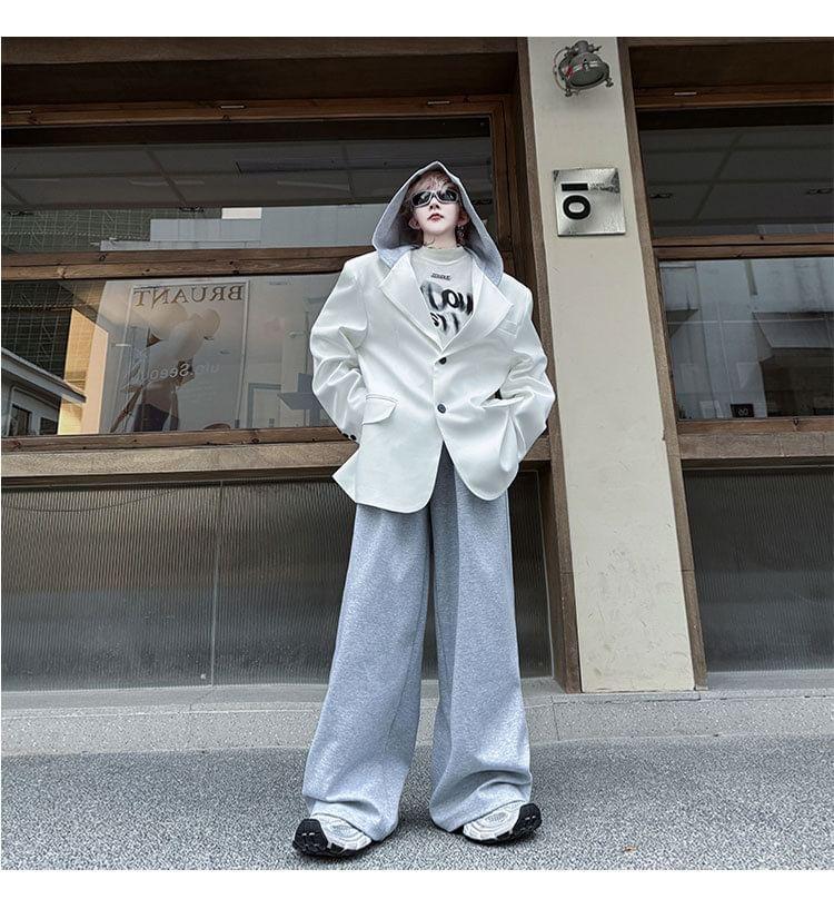 Set: Hooded Button-Up Plain Blazer + High Waist Wide Leg Pants Product Image