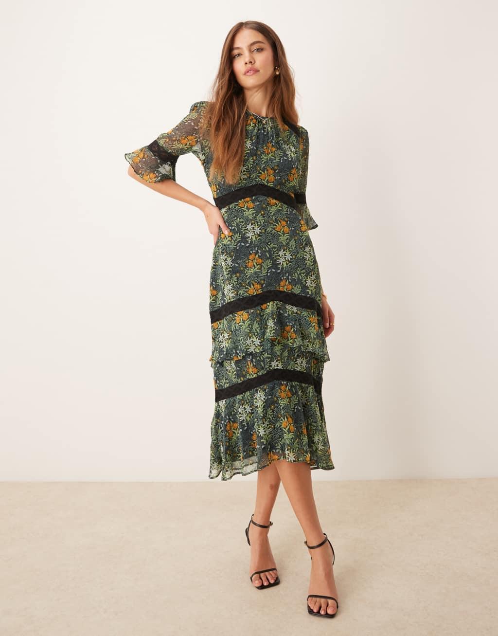 Hope & Ivy in collaboration with The William Morris Society tiered Hem midi dress with lace trims in dark green floral Product Image