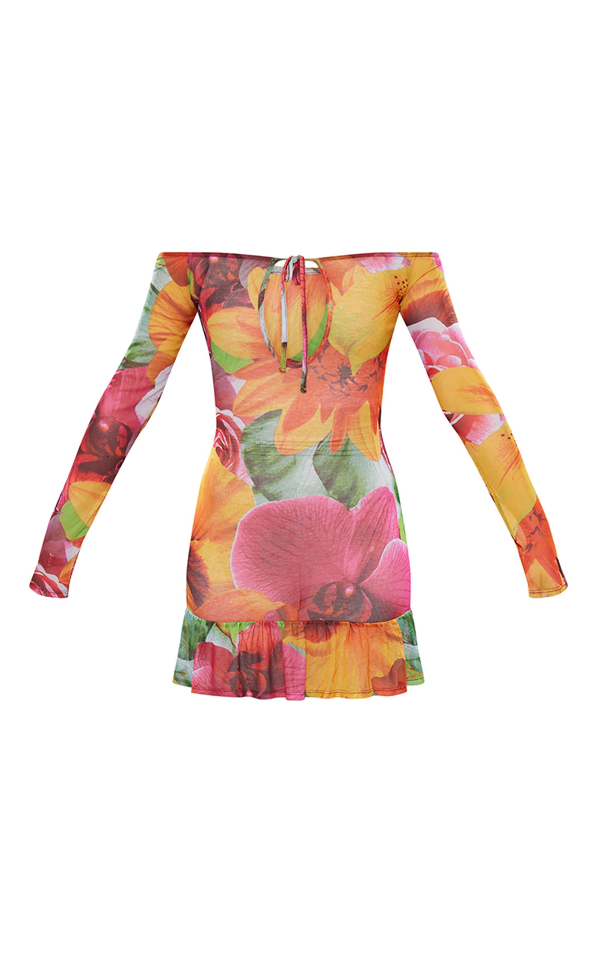 Multi Floral Printed Mesh Tie Front Plunge Bodycon Dress Product Image