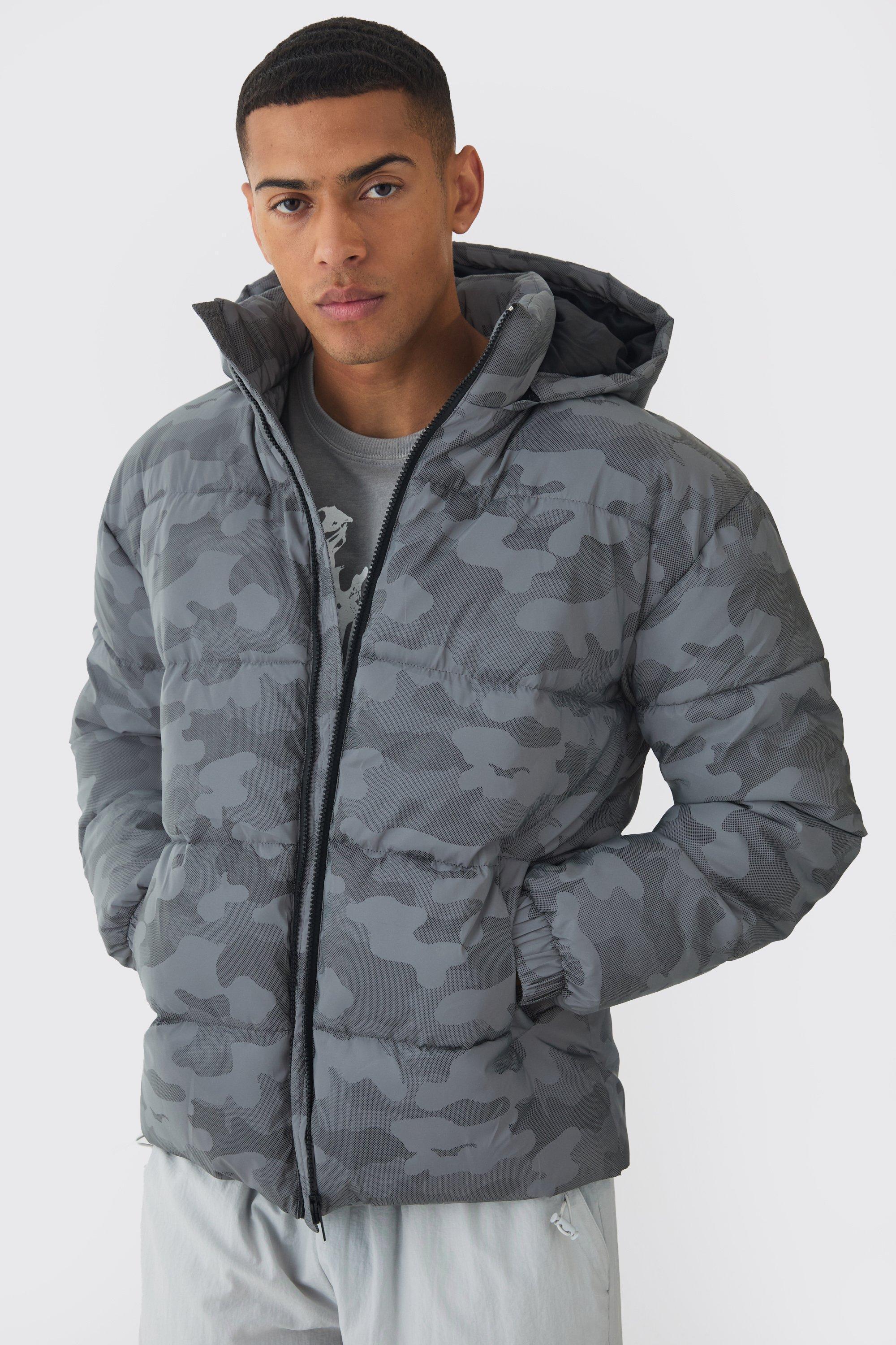 Reflective Camo Hooded Puffer Coat | boohooMAN USA Product Image