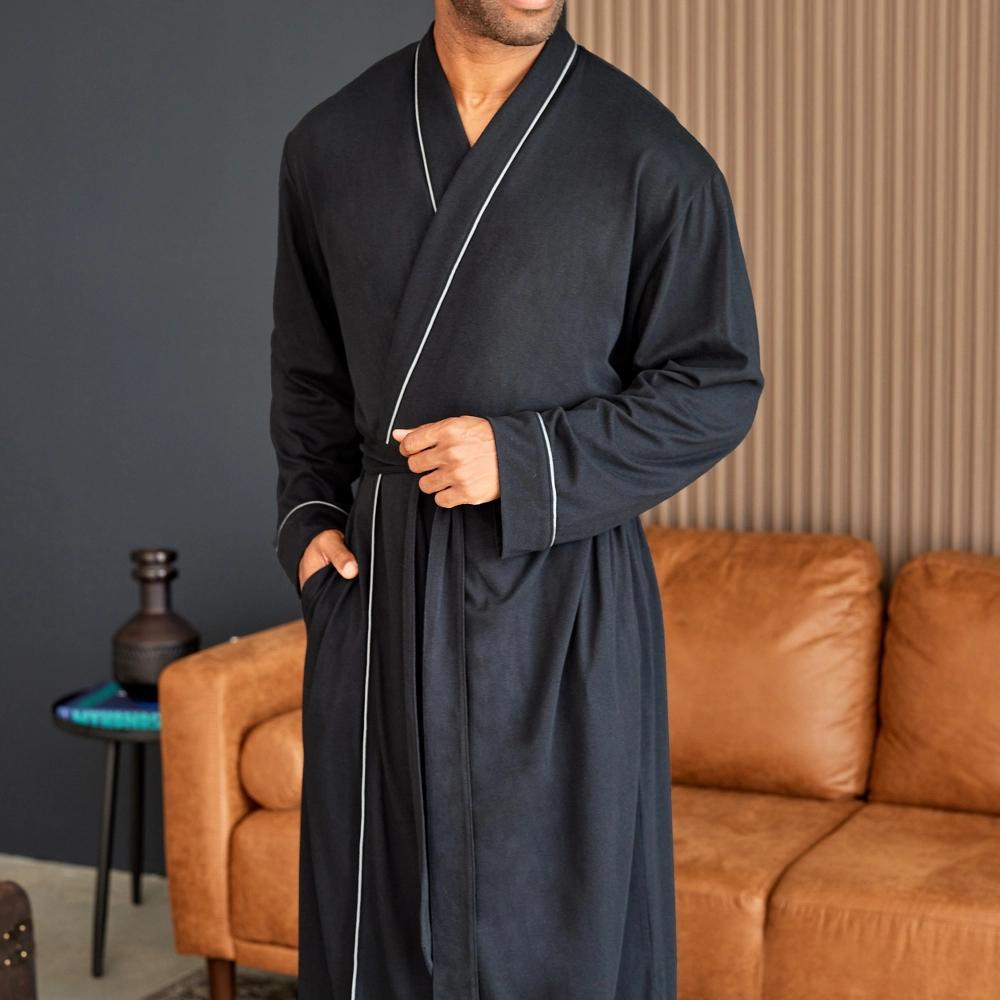 ADR Men's Soft Cotton Knit Jersey Long Lounge Robe with Pockets, Bathrobe Product Image