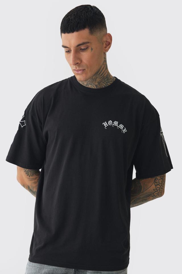 Tall Oversized Homme Print & Cross Embroidered T-Shirt | boohooMAN USA Product Image