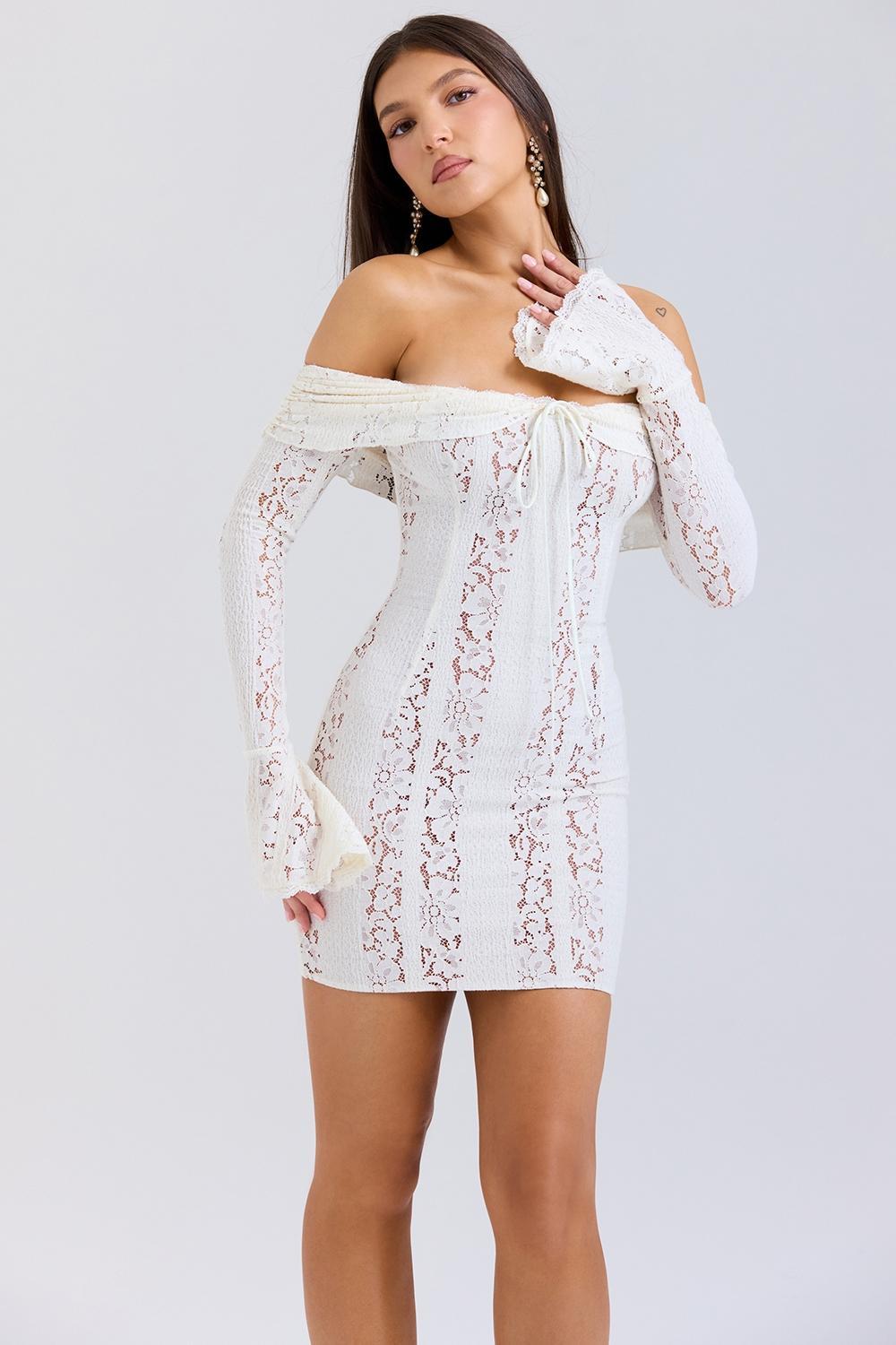 Sadie Vintage Cream Floral Lace Off Shoulder Mini Dress Product Image