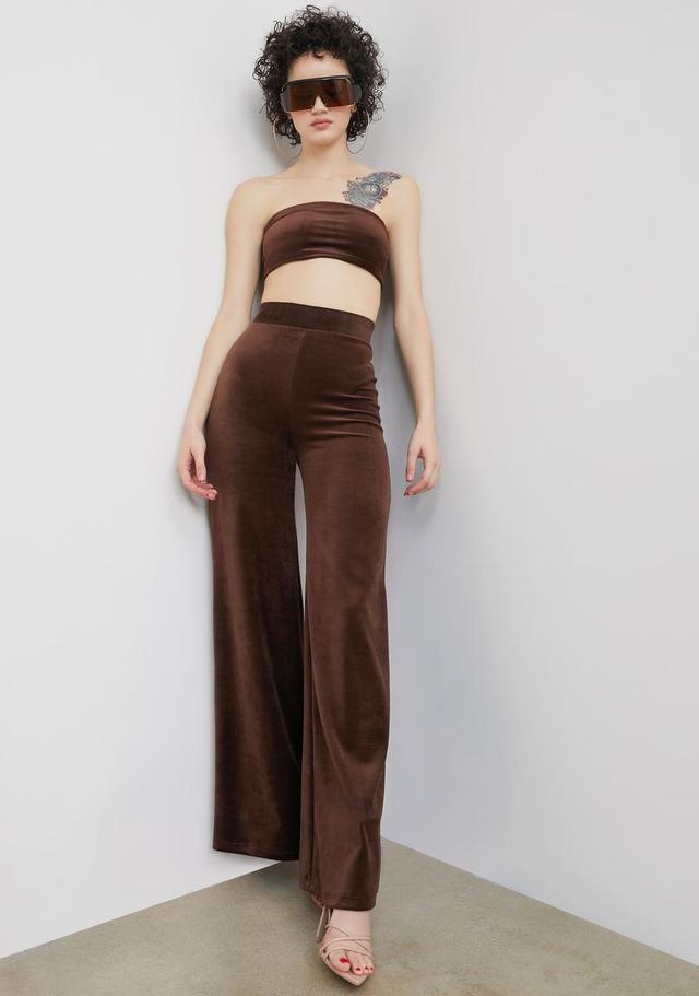 Velvet Tube Top And Wide Leg Pants Set - Brown Product Image