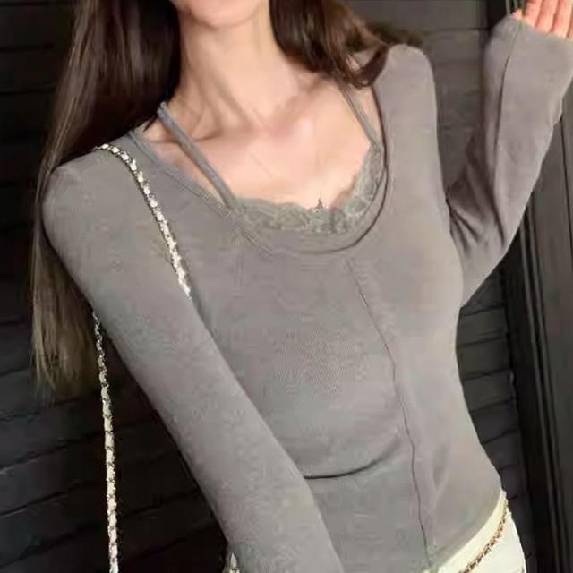 Long-Sleeve Halter-Neck Plain Lace Trim Knit Top Product Image