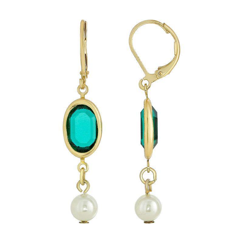 1928 Gold Tone Green Simulated Crystal & Simulated Pearl Drop Earrings, Womens Product Image