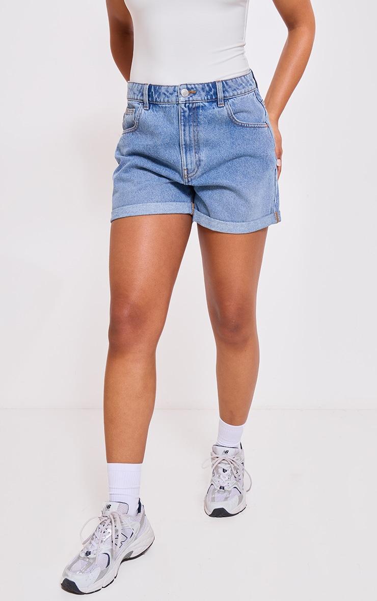 PRETTYLITTLETHING Mid Blue Wash Turn Up Mom Denim Shorts Product Image