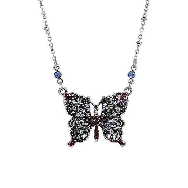 1928 Silver-Tone Butterfly Multicolored Stones Necklace, Womens Product Image