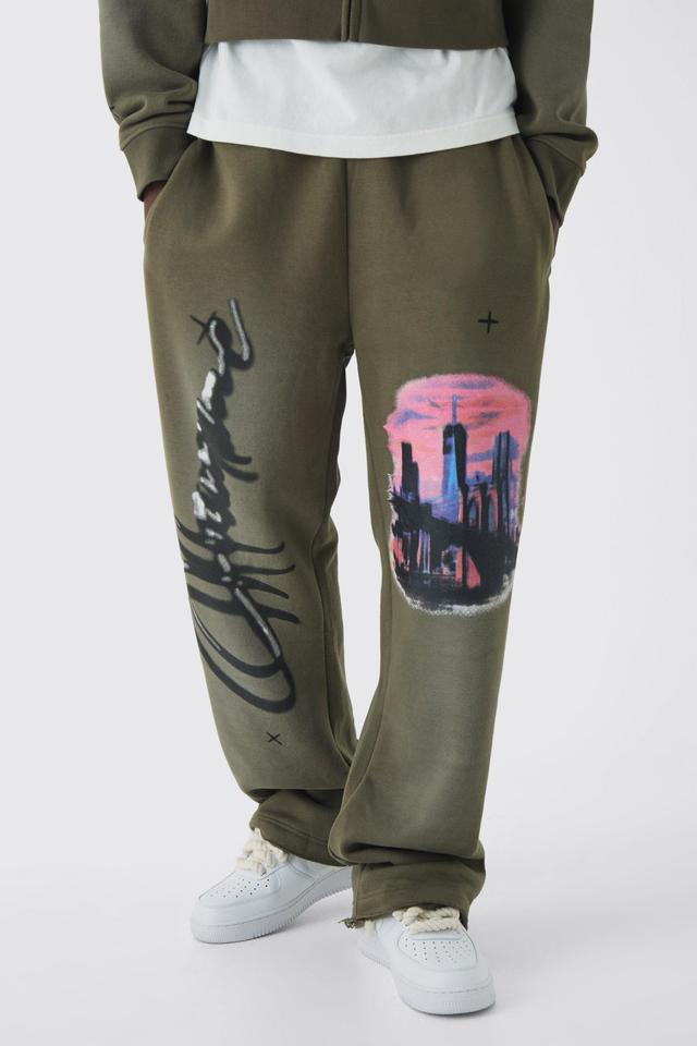 Relaxed Fit Flare Graphic Distressed Brushback Sweatpants | boohooMAN USA Product Image