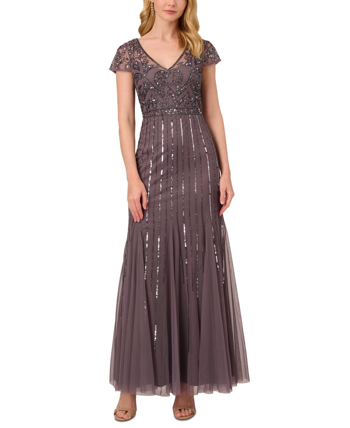 Adrianna Papell Womens Embellished V-Neck Godet Gown Product Image