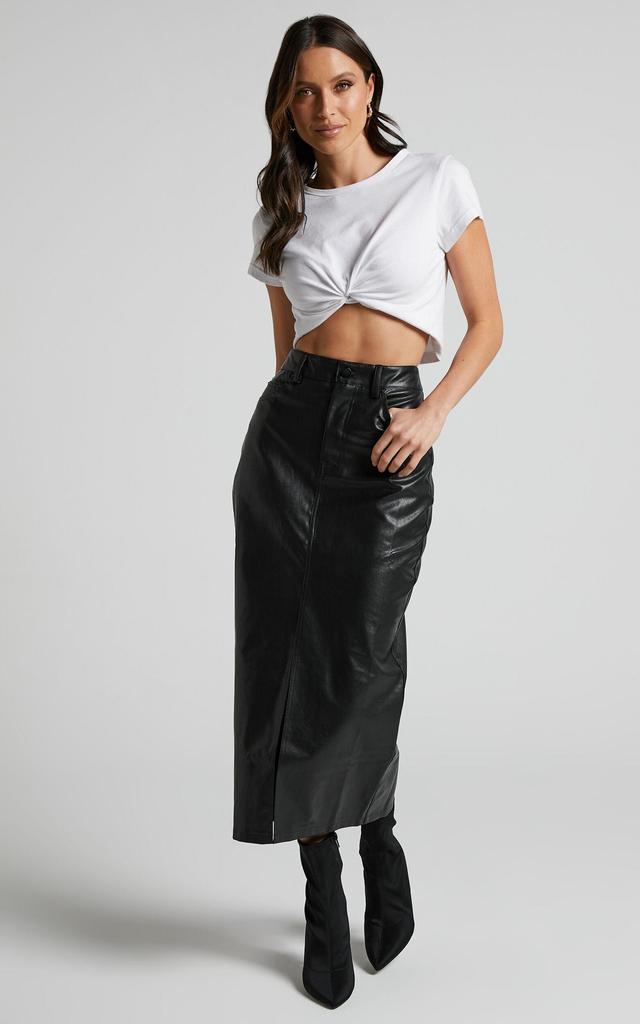 Jules Midi Skirt - Faux Leather High Waisted Front Split Midi Skirt in Black Product Image